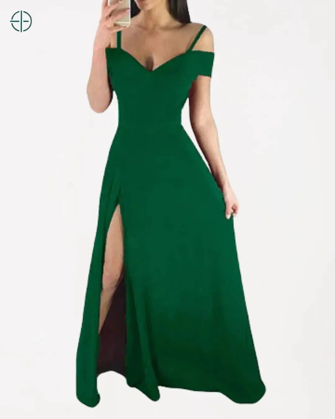 Imagem lateral do vestido, destacando o corte e a fenda