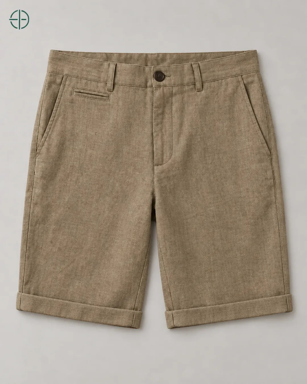 Bermuda 100% Linho Belga Masculina, cor Marrom, bermuda estendida no chão, vista de frente. Fotografia de produto Rest Money.