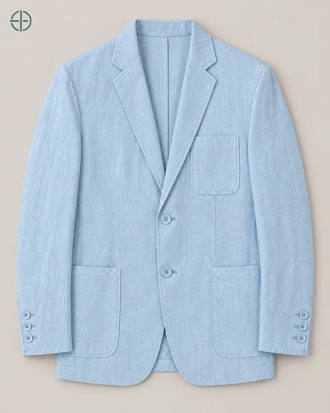 Blazer 100% Linho Belga, cor Azul, produto estendido no chão, câmera vertical, vista frontal. Fotografia de produto Rest Money.