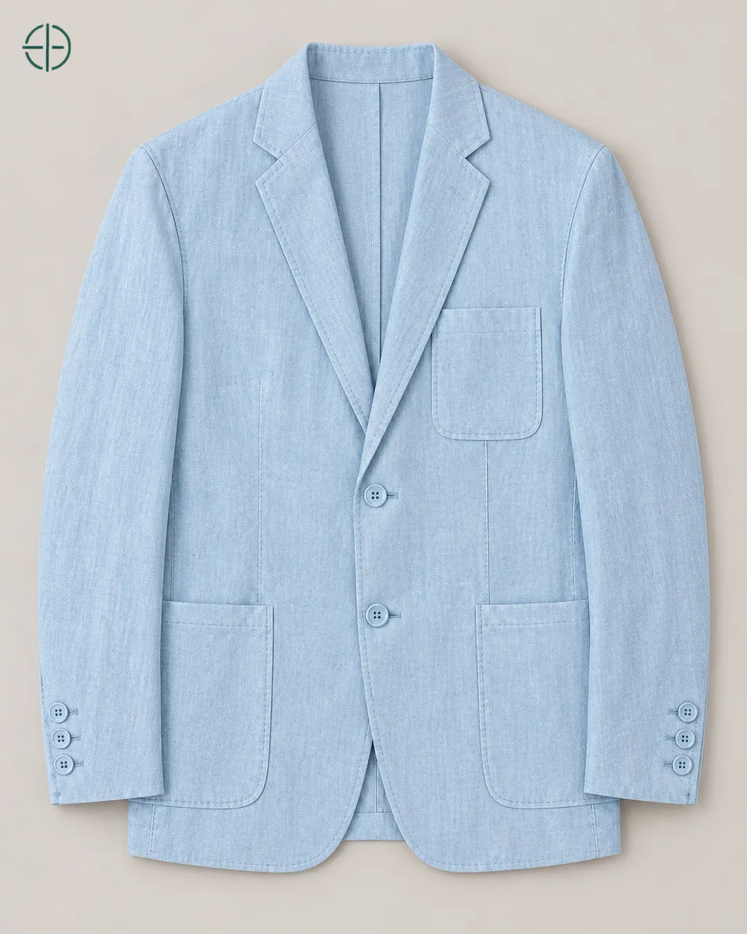 Blazer 100% Linho Belga, cor Azul, produto estendido no chão, câmera vertical, vista frontal. Fotografia de produto Rest Money.