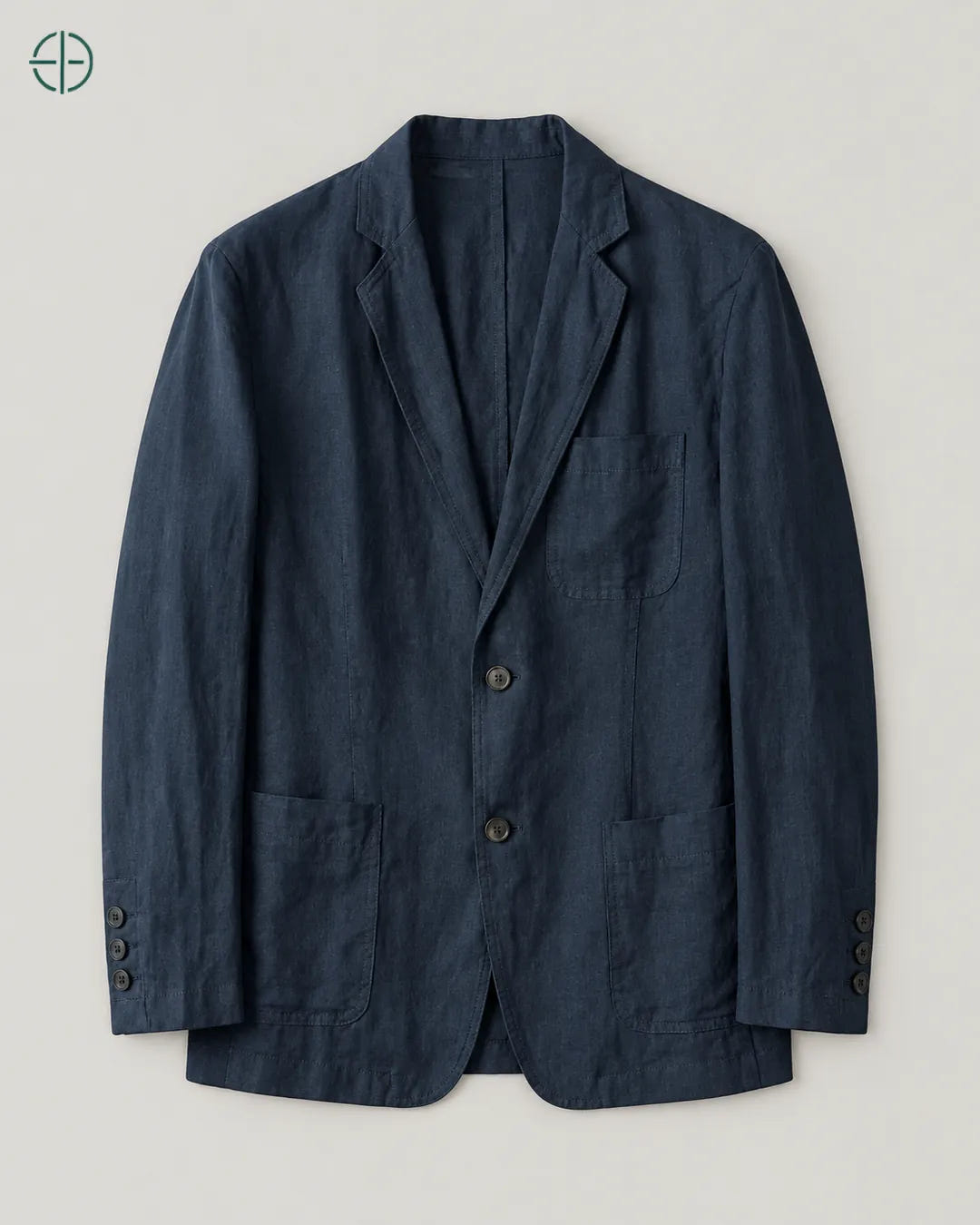 Blazer 100% Linho Belga, cor Azul Marinho, produto estendido no chão, câmera vertical, vista frontal. Fotografia de produto Rest Money.