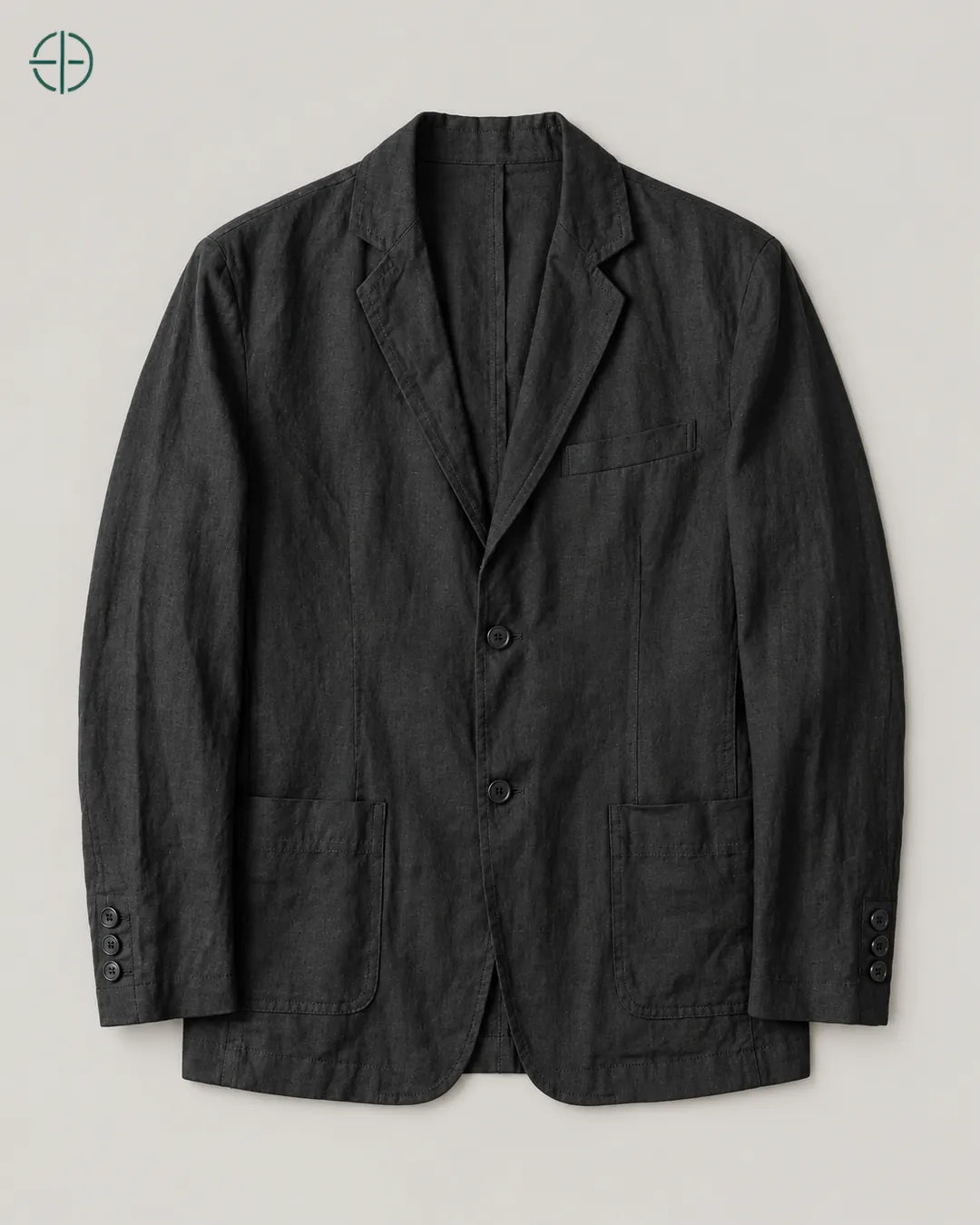 Blazer 100% Linho Belga, cor Preto, produto estendido no chão, câmera vertical, vista frontal. Fotografia de produto Rest Money.
