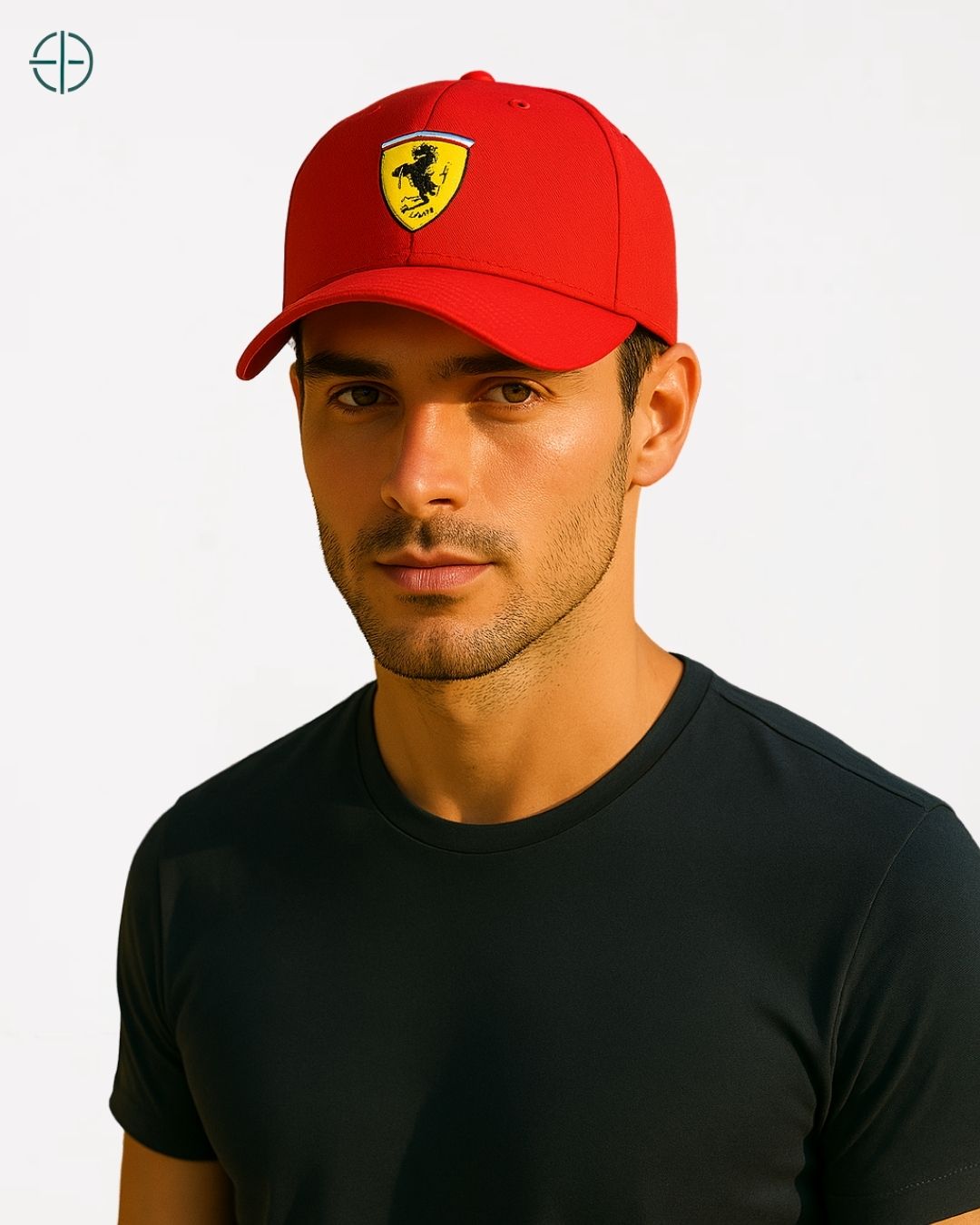 Homem com visual sóbrio usando boné Ferrari old money em ambiente clássico