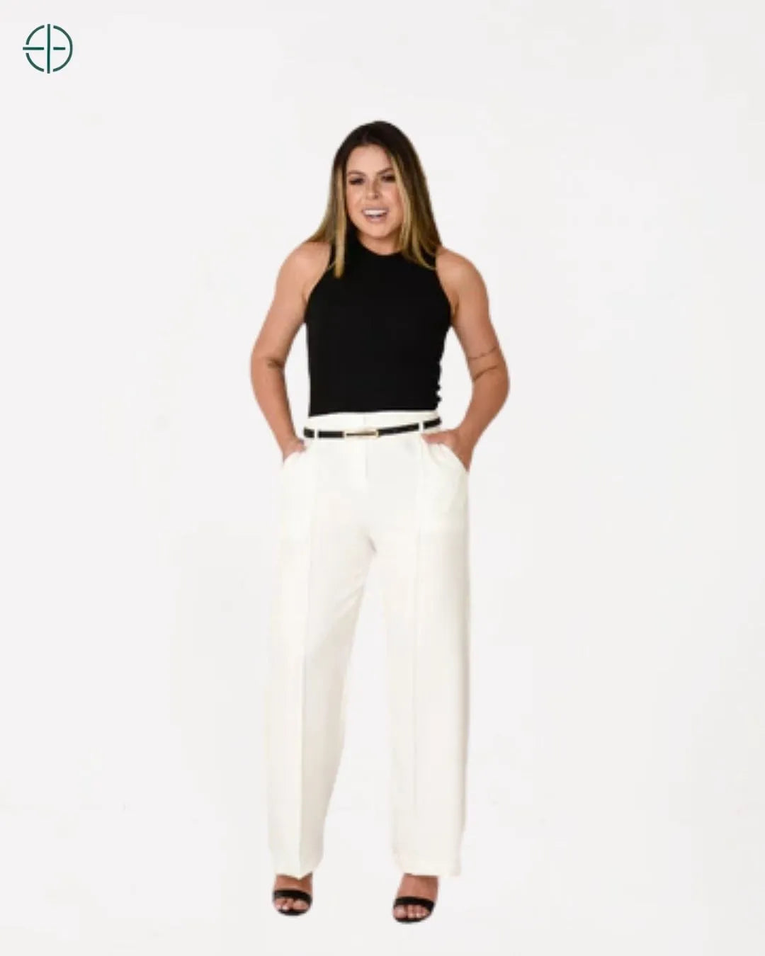 vista frontal da calça pantalona em alfaiataria com corte elegante