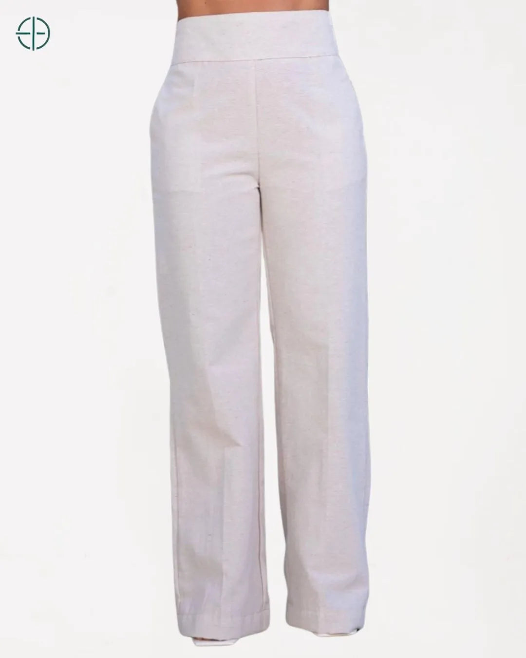 vista frontal da calça de linho com cintura alta e corte reto