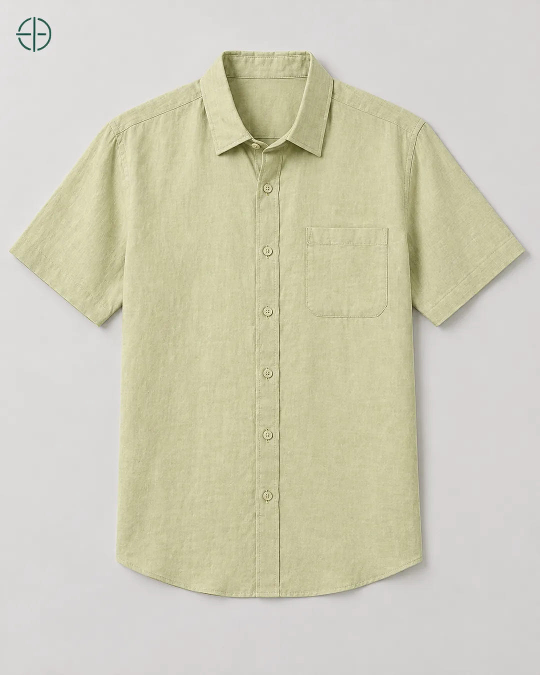 Camisa 100% Linho Belga Manga Curta, cor Verde Limão, produto isolado de frente, em estúdio profissional com fundo cinza ostra.