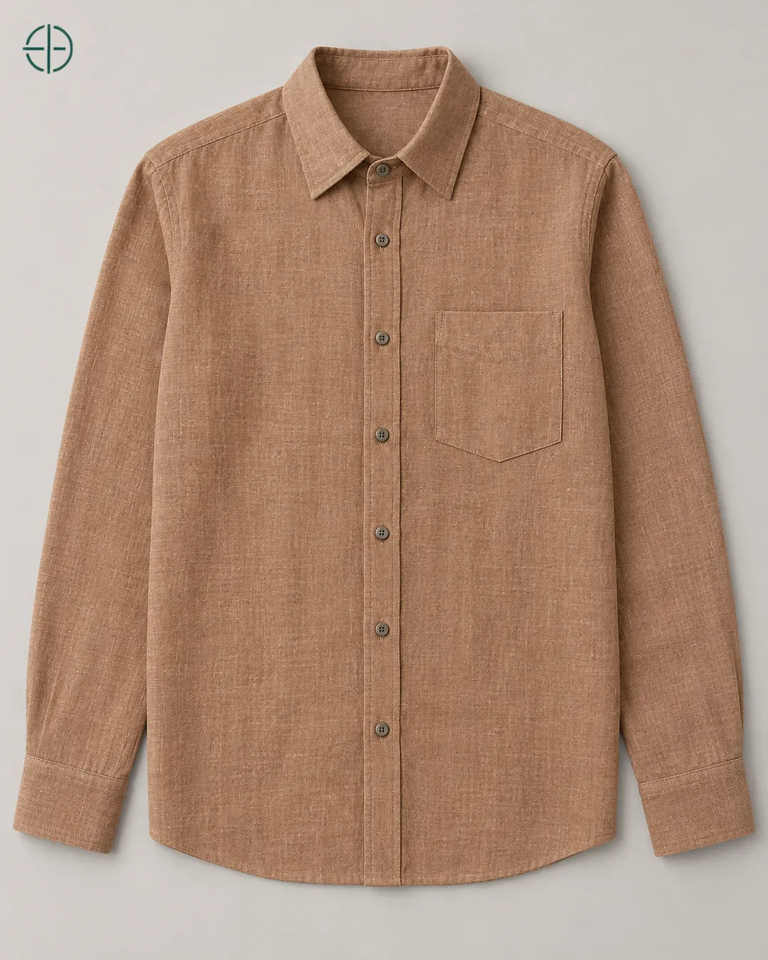 Camisa 100% Linho Belga Masculina, cor Bronze, produto isolado de frente, em estúdio profissional com fundo cinza ostra.