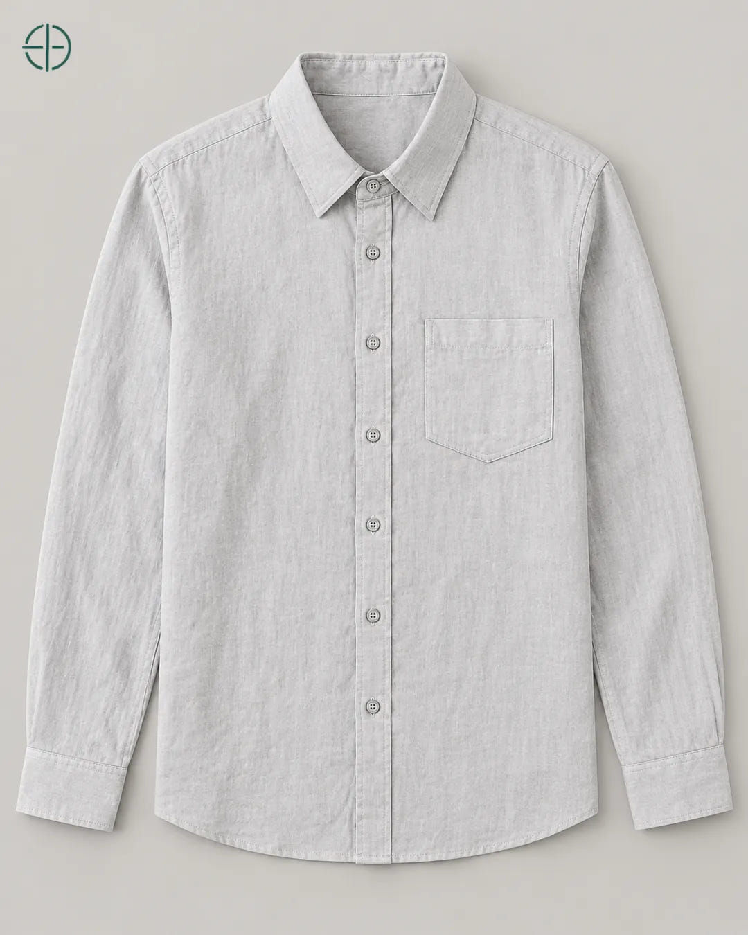Camisa 100% Linho Belga Masculina, cor Cinza, produto estendido no chão, câmera vertical, vista frontal. Fotografia de produto Rest Money.