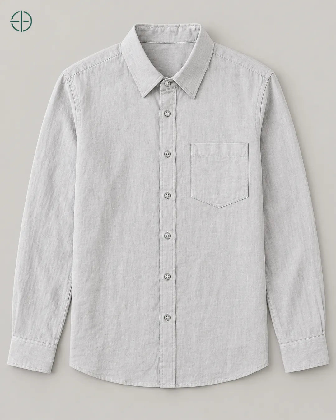 Camisa 100% Linho Belga Masculina, cor Cinza, produto estendido no chão, câmera vertical, vista frontal. Fotografia de produto Rest Money.