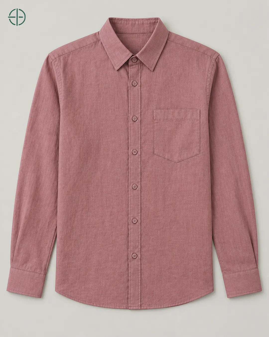 Camisa 100% Linho Belga Masculina, cor Rosa, produto estendido no chão, câmera vertical, vista frontal. Fotografia de produto Rest Money.