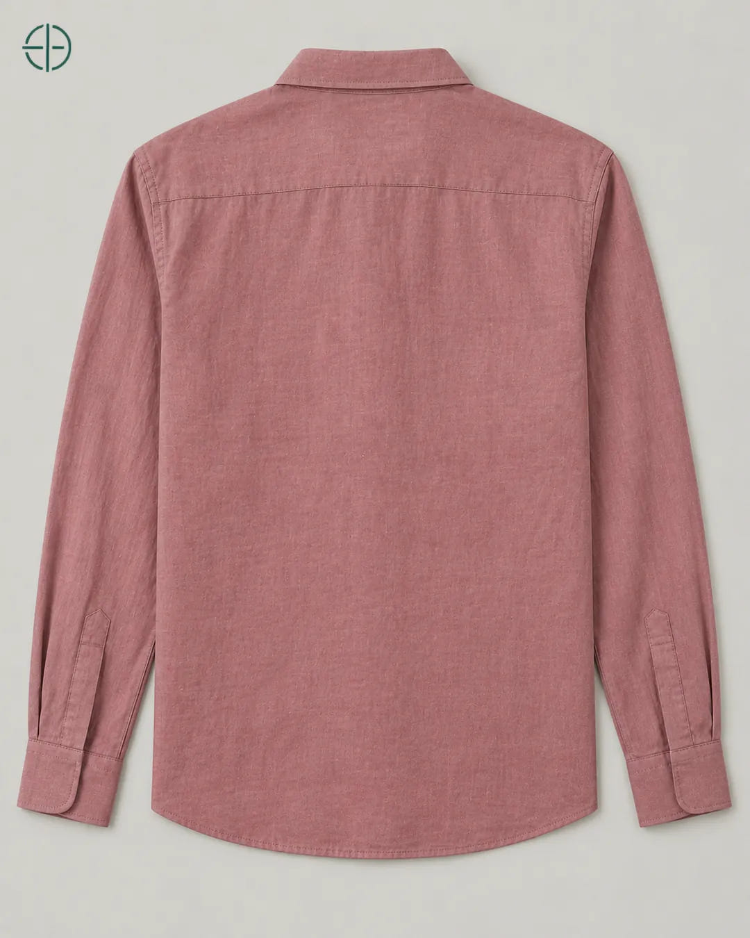 Camisa 100% Linho Belga Masculina, cor Rosa, produto estendido no chão, câmera vertical, vista traseira. Fotografia de produto Rest Money.