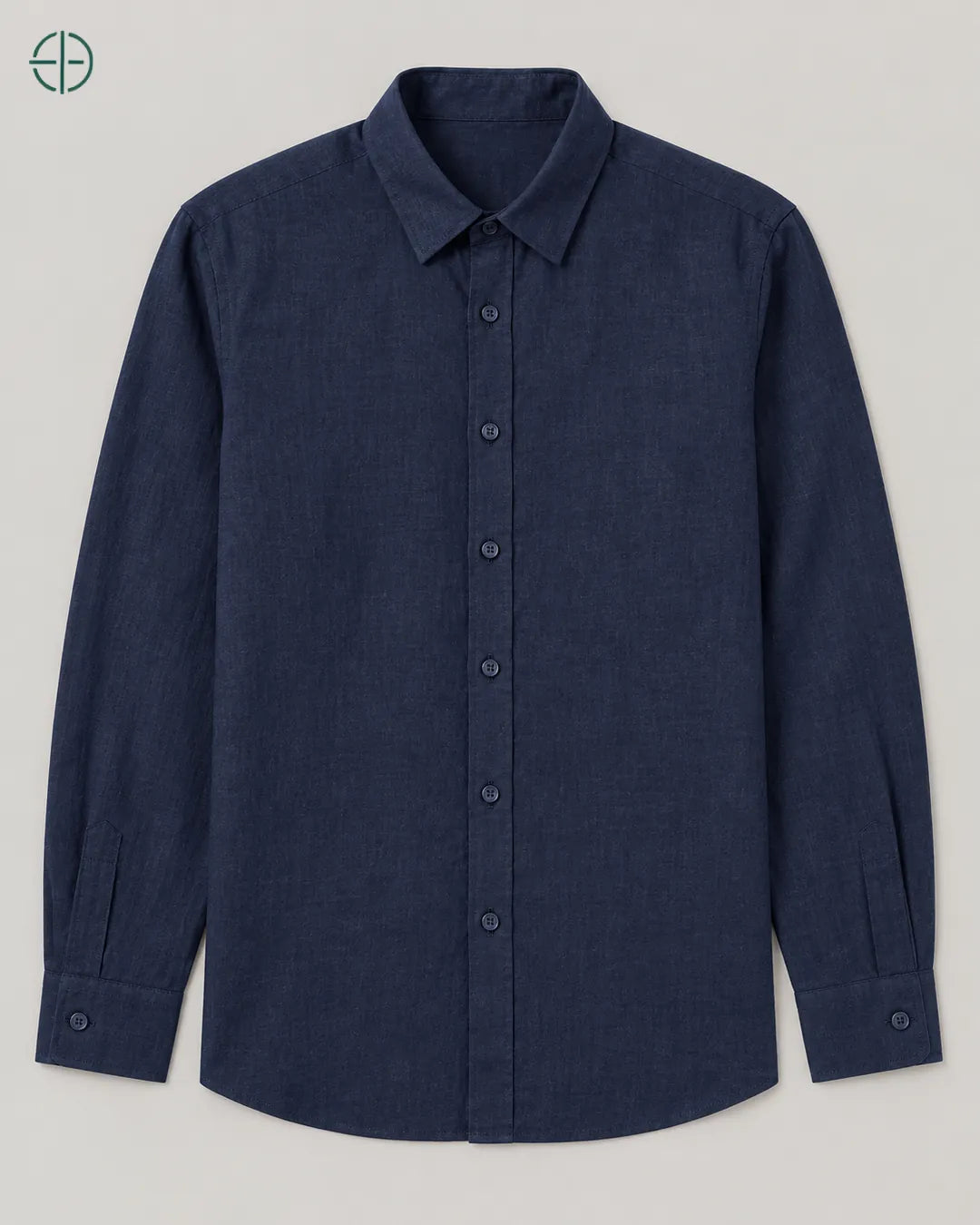 Camisa 100% Linho Belga Masculina Sem Bolso, cor Azul Marinho, produto estendido no chão, câmera vertical, vista frontal. Fotografia de produto Rest Money.