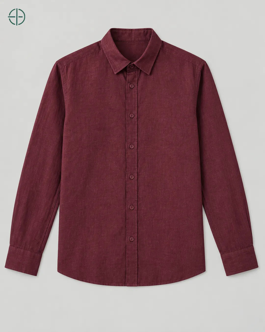 Camisa 100% Linho Belga Masculina Sem Bolso, cor Bordo, produto isolado de frente, em estúdio profissional com fundo cinza ostra.