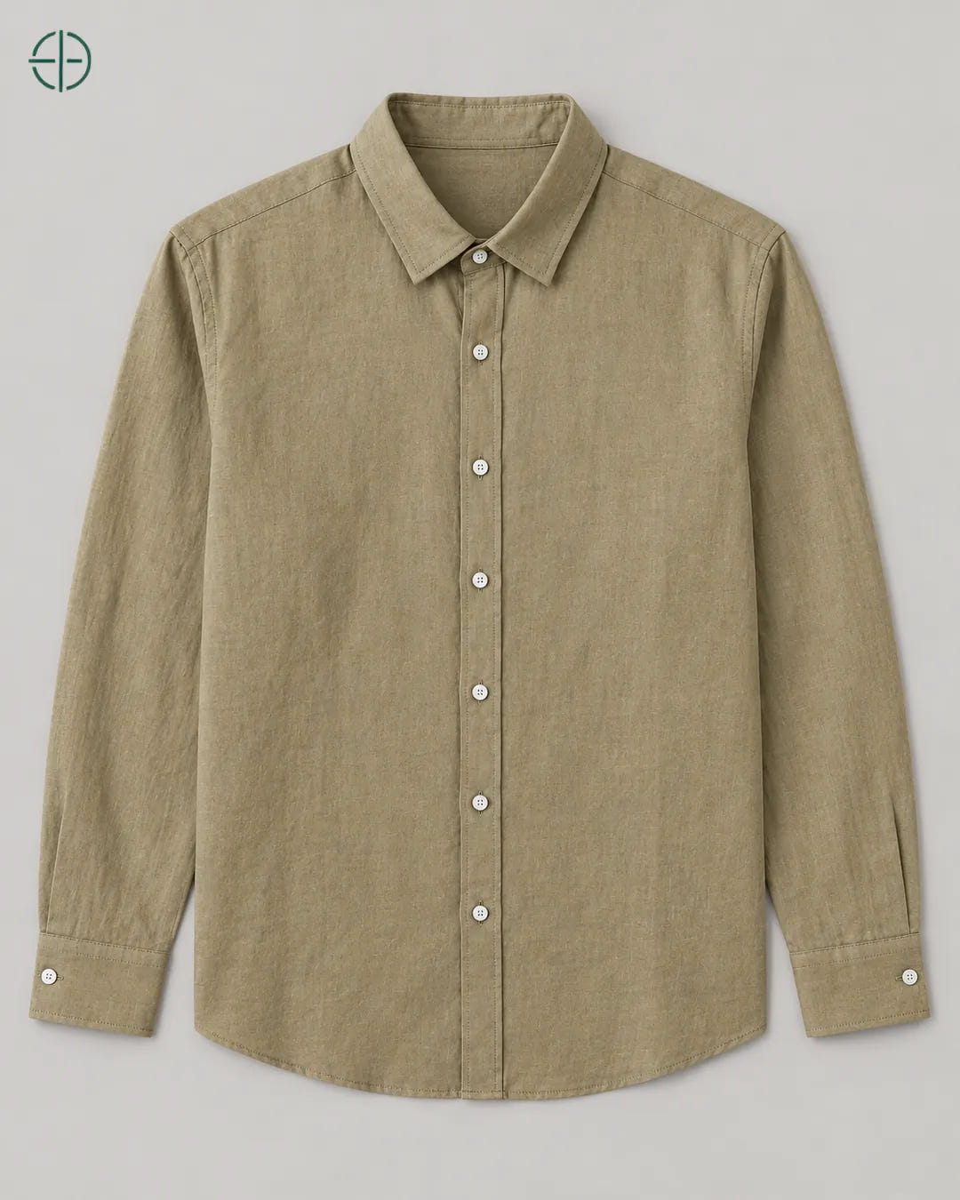 Camisa 100% Linho Belga Masculina Sem Bolso, cor Camelo, produto estendido no chão, câmera vertical, vista frontal. Fotografia de produto Rest Money.