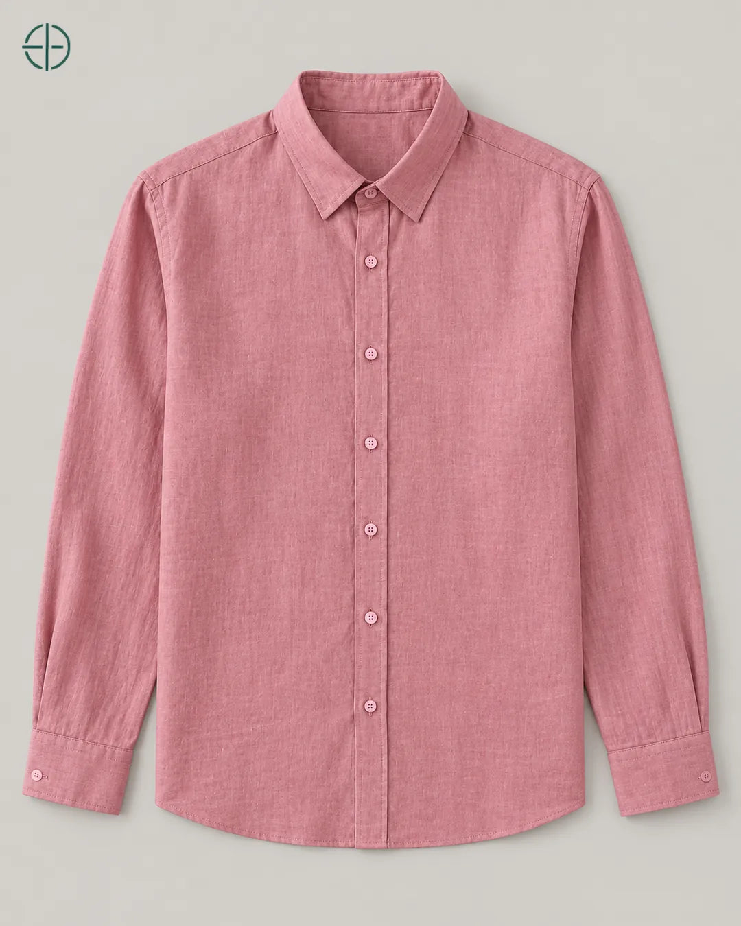 Camisa 100% Linho Belga Masculina Sem Bolso, cor Rosa, produto estendido no chão, câmera vertical, vista frontal. Fotografia de produto Rest Money.