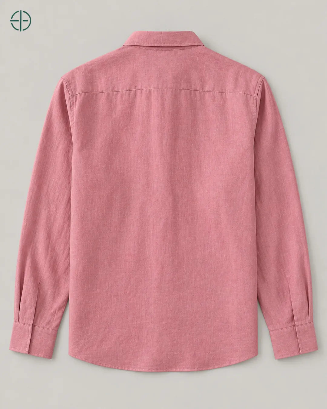 Camisa 100% Linho Belga Masculina Sem Bolso, cor Rosa, produto estendido no chão, câmera vertical, vista traseira. Fotografia de produto Rest Money.