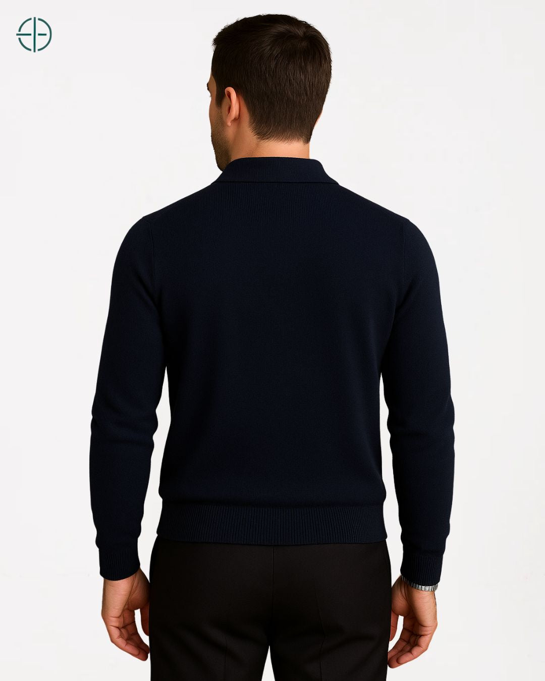 Homem elegante vestindo polo 3 botões caxemira em fundo suave, estilo sóbrio