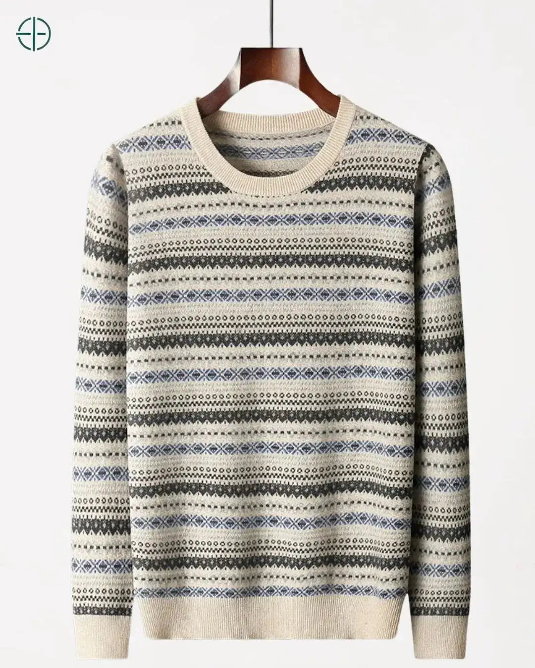 Frente completa do pulôver vintage, exibindo o design clássico em caxemira.