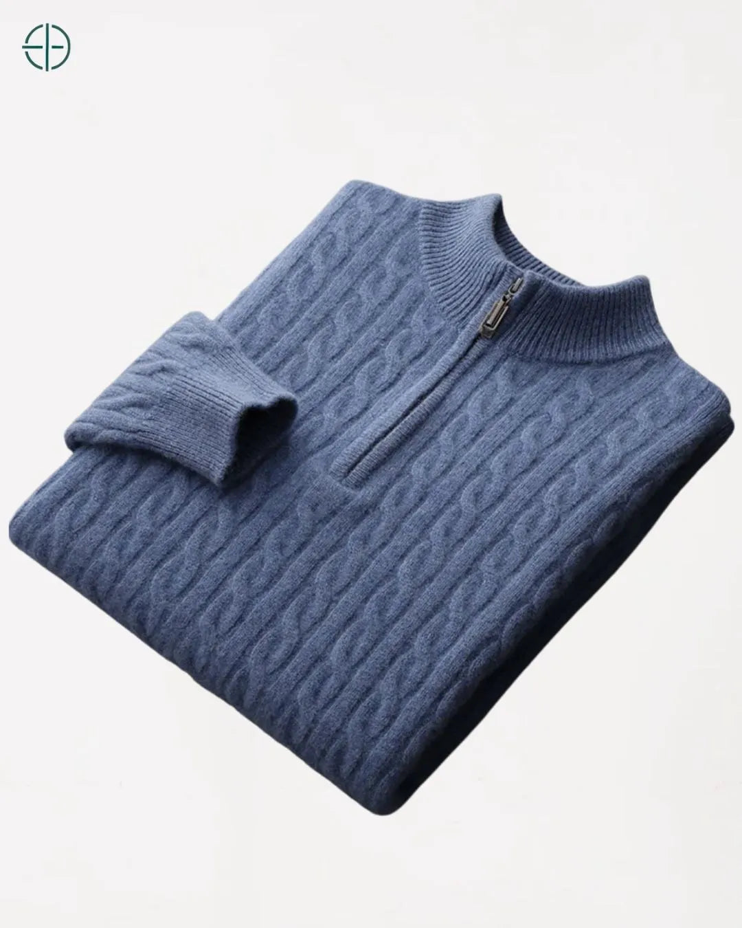 Pulôver caxemira 100% exibindo a gola e as mangas com acabamento refinado.