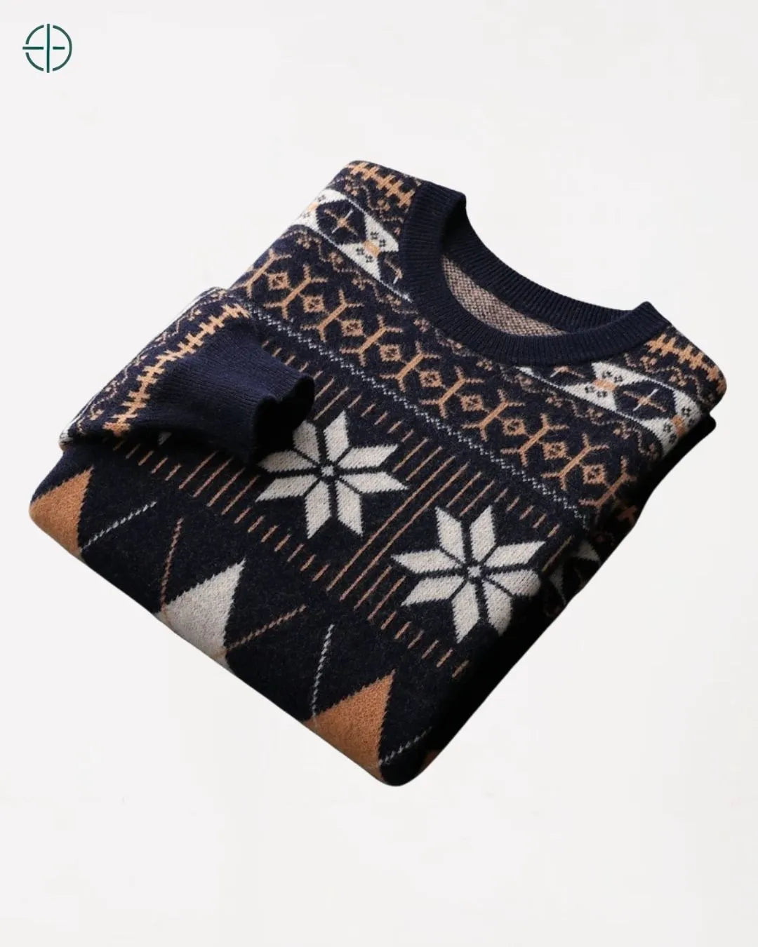 Silhueta lateral do pulôver retrô, destacando o design atemporal da caxemira.