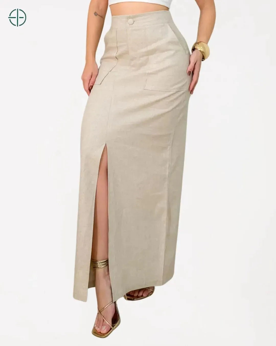 saia longa vista de frente com caimento solto e leveza