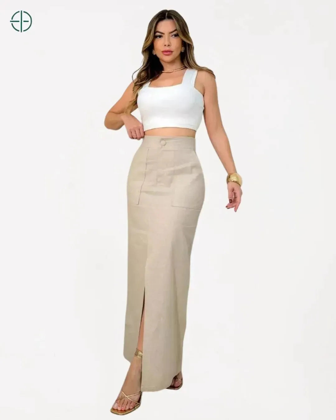 vista lateral mostrando movimento e fluidez do linho