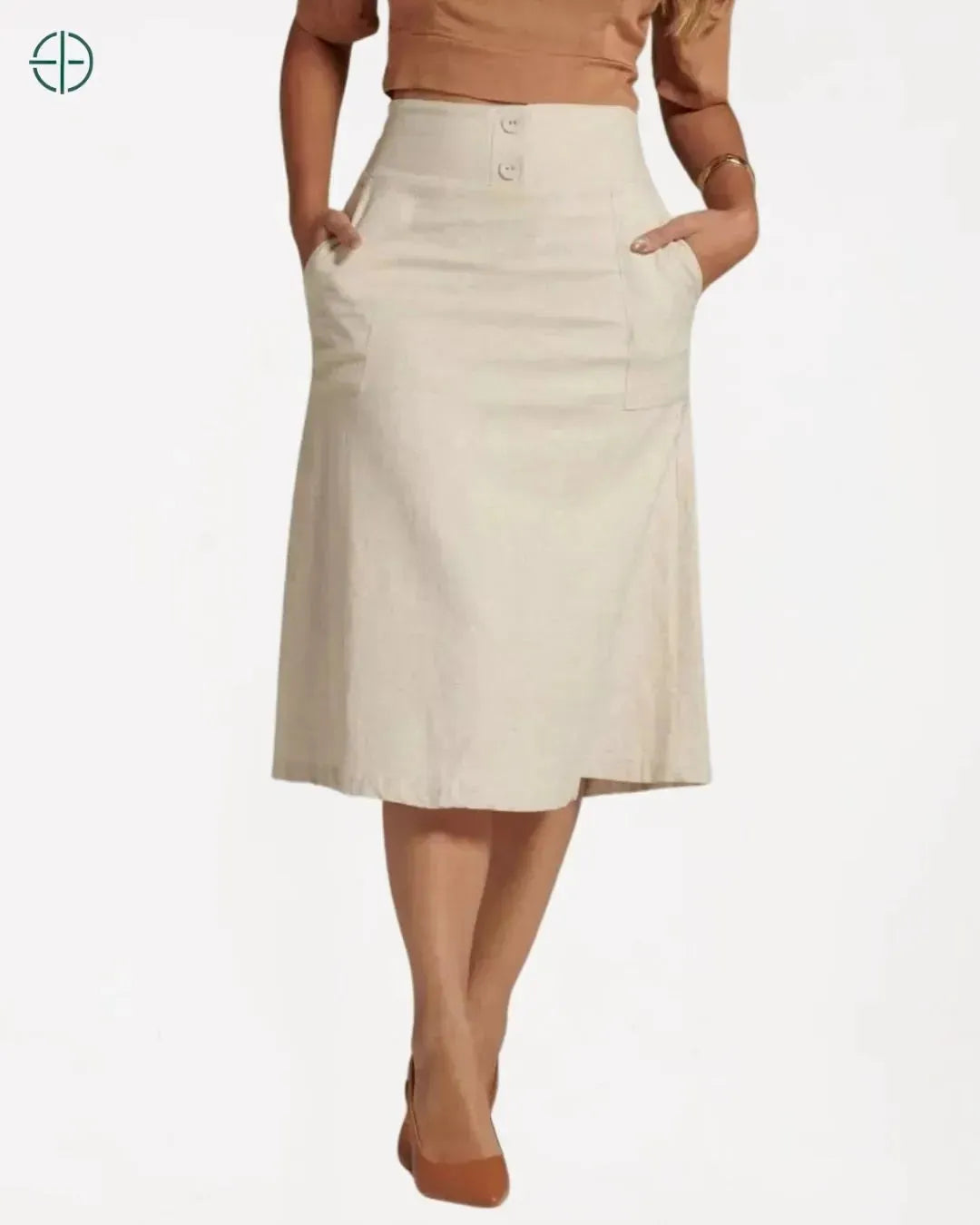 saia vista de frente com caimento fluido e bolsos aparentes