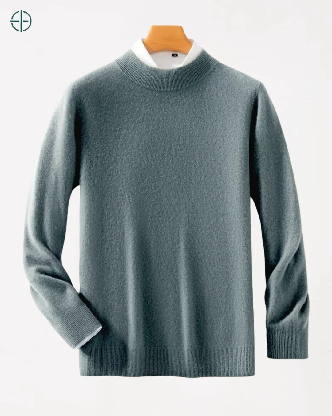 Visão plana de cima (top-down shot) do suéter de caxemira.