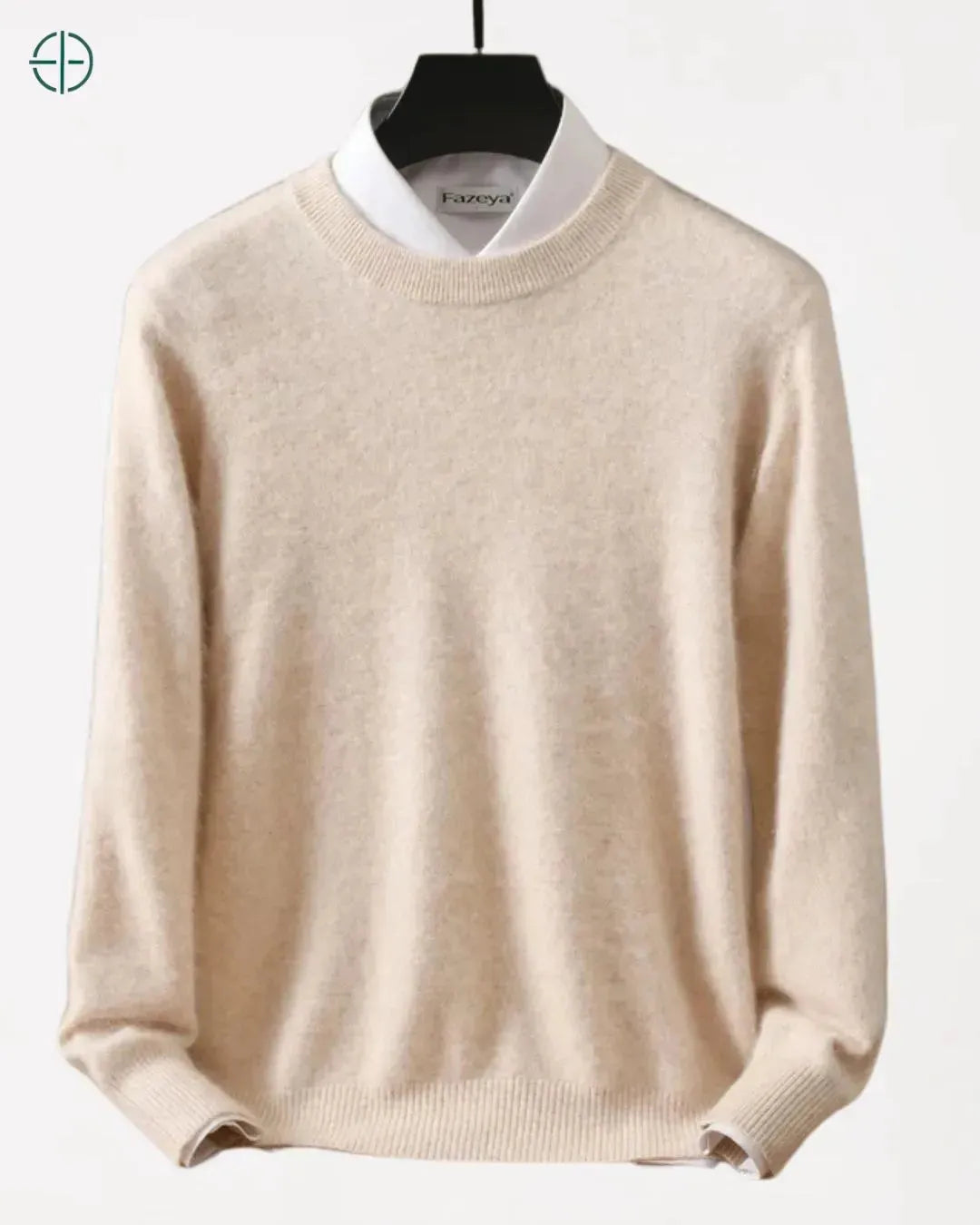 Suéter masculino gola redonda feito com 100% caxemira premium e acabamento luxuoso