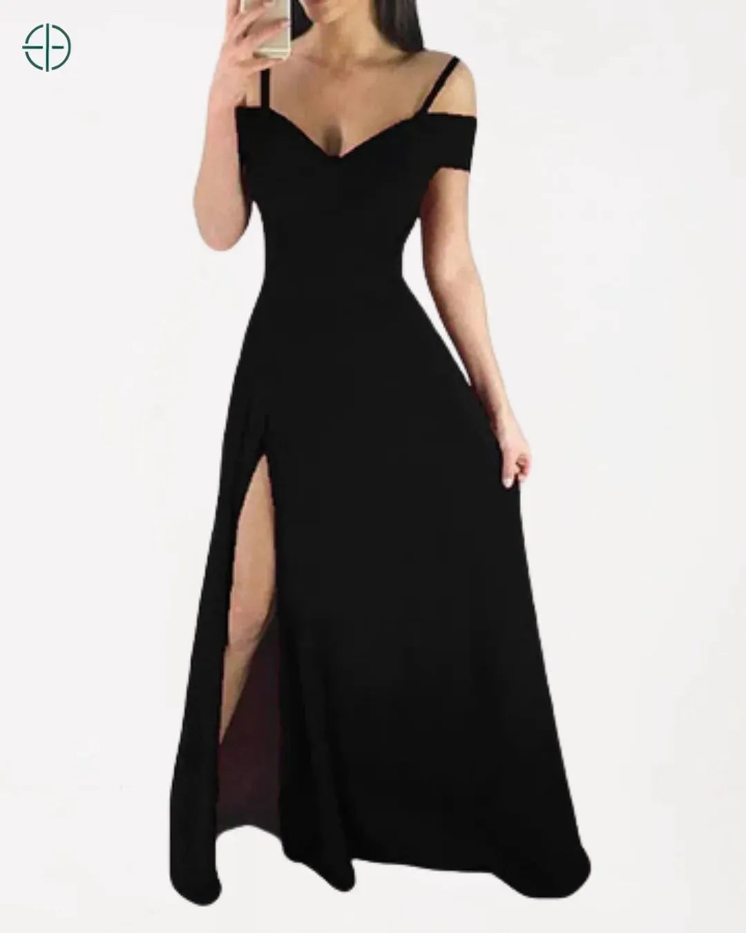 Imagem do vestido longo com fenda lateral, mostrando elegância e sofisticação


