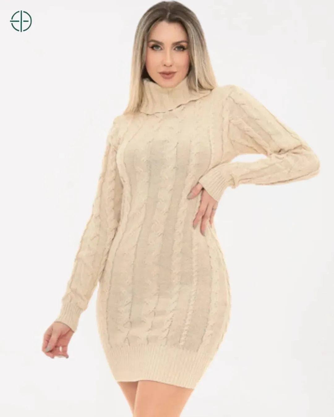 Imagem do vestido tricot com gola alta, destacando o estilo elegante e o conforto do tecido

