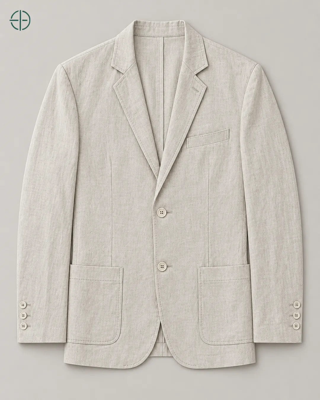 Blazer 100% Linho Belga, cor Bege, produto estendido no chão, câmera vertical, vista frontal. Fotografia de produto Rest Money.