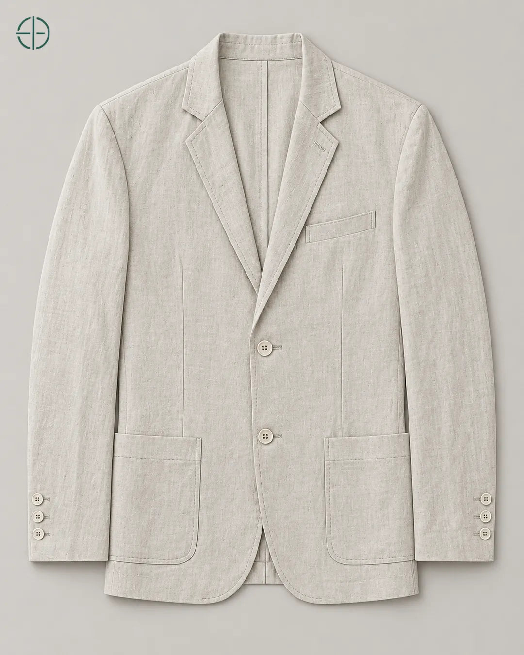 Blazer 100% Linho Belga, cor Bege, produto estendido no chão, câmera vertical, vista frontal. Fotografia de produto Rest Money.