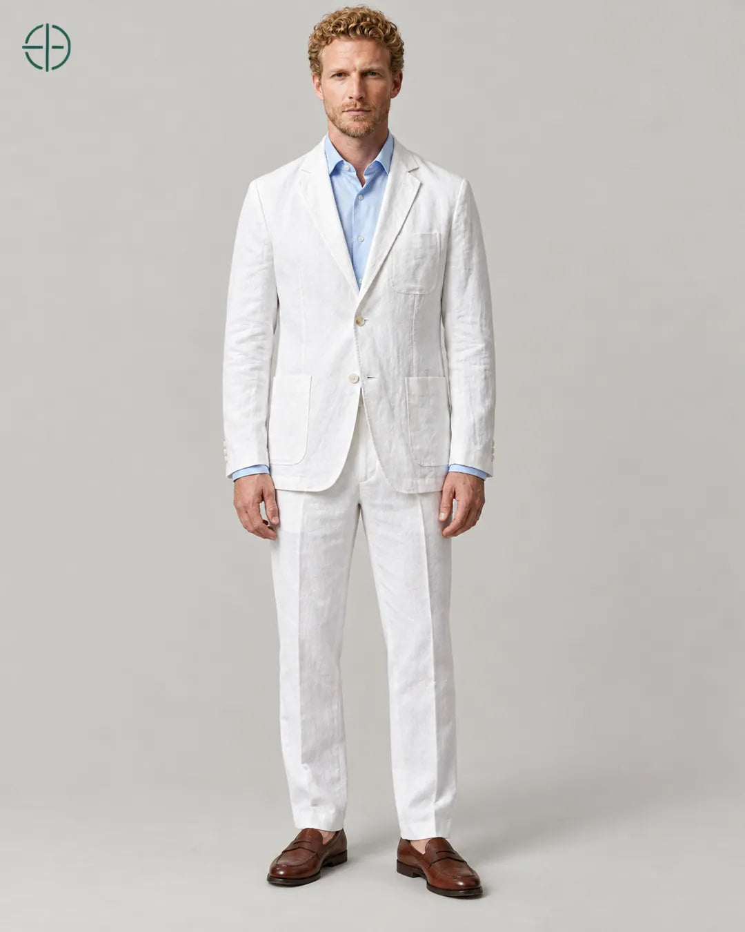 Blazer 100% Linho Belga, cor Branco, modelo de corpo inteiro de frente. Fotografia de produto Rest Money.