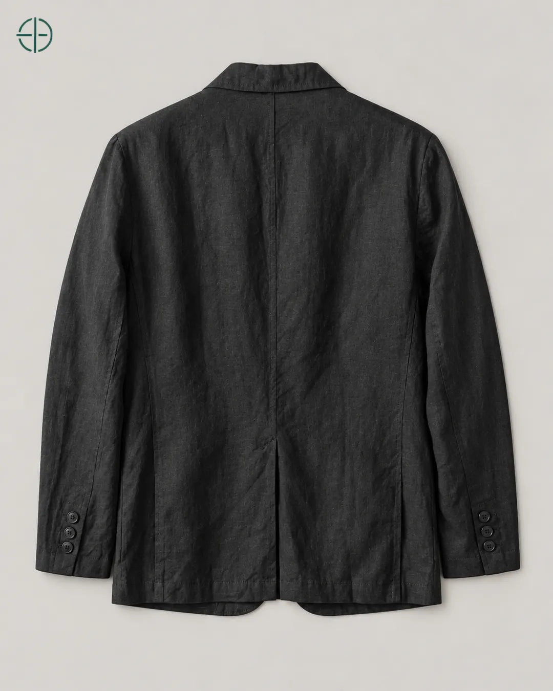 Blazer 100% Linho Belga, cor Preto, produto estendido no chão, câmera vertical, vista traseira. Fotografia de produto Rest Money.