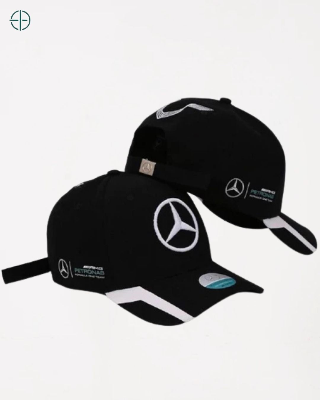 Detalhe do bordado da Mercedes-Benz com linhas limpas e alto relevo

