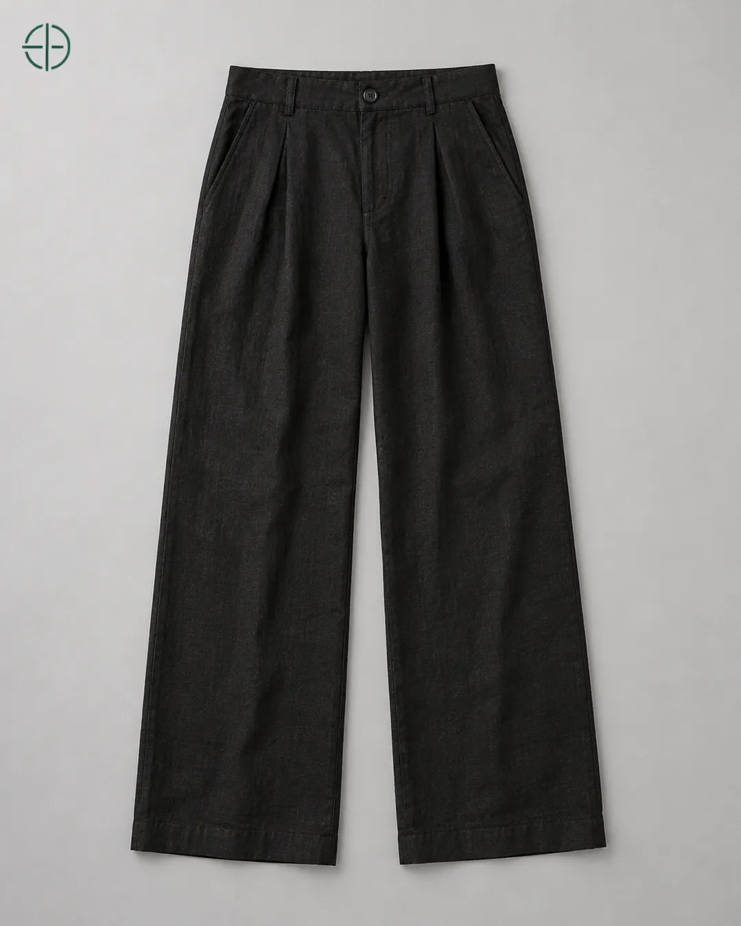 Calça Feminina 100% Linho, cor Preto, produto isolado de frente, em estúdio profissional com fundo cinza ostra.