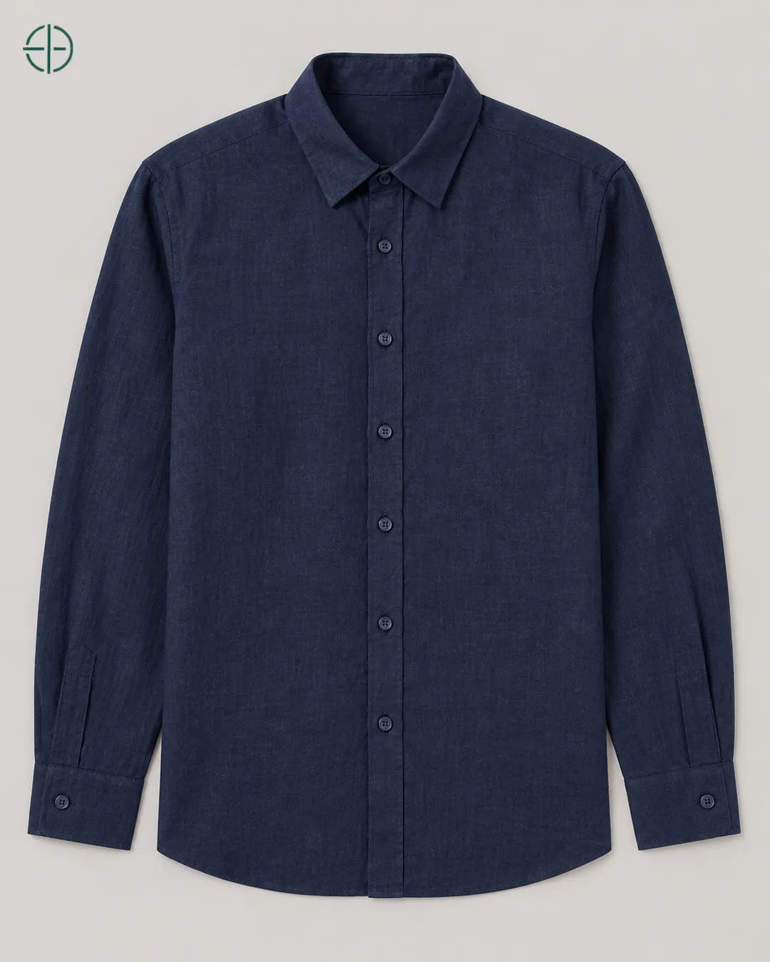 Camisa 100% Linho Belga Masculina Sem Bolso, cor Azul Marinho, produto estendido no chão, câmera vertical, vista frontal. Fotografia de produto Rest Money.