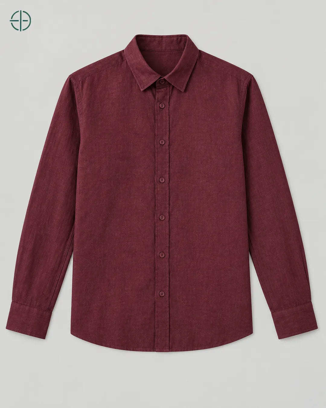 Camisa 100% Linho Belga Masculina Sem Bolso, cor Bordo, produto isolado de frente, em estúdio profissional com fundo cinza ostra.