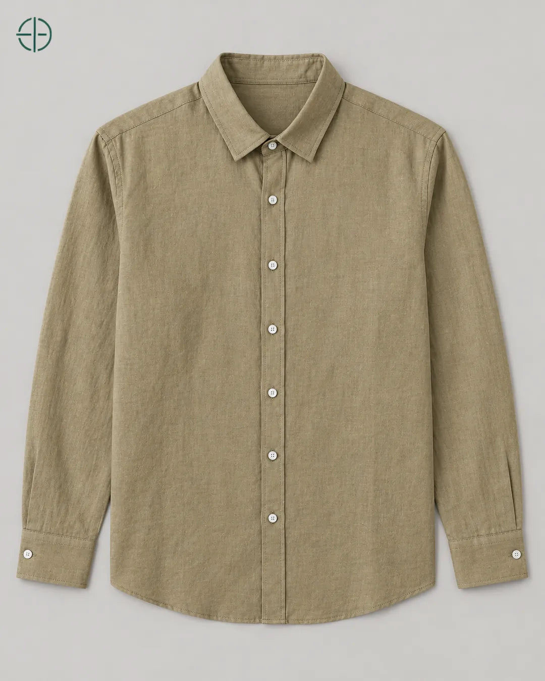 Camisa 100% Linho Belga Masculina Sem Bolso, cor Camelo, produto estendido no chão, câmera vertical, vista frontal. Fotografia de produto Rest Money.