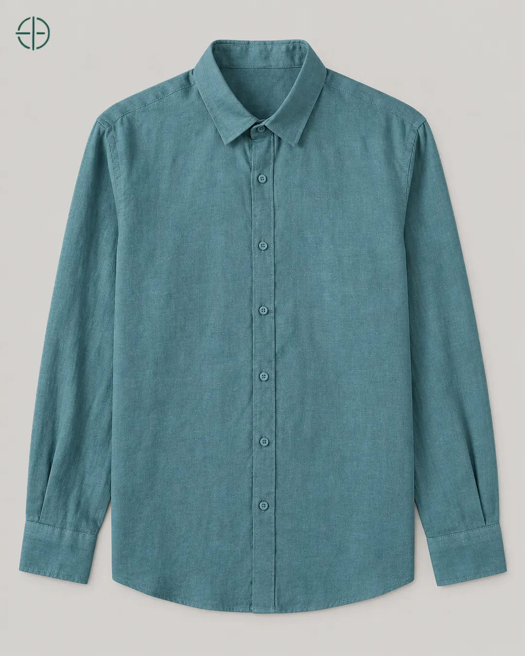 Camisa 100% Linho Belga Masculina Sem Bolso, cor Ciano, produto estendido no chão, câmera vertical, vista frontal. Fotografia de produto Rest Money.