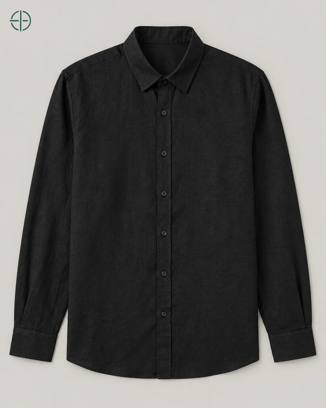 Camisa 100% Linho Belga Masculina Sem Bolso, cor Preto, produto estendido no chão, câmera vertical, vista frontal. Fotografia de produto Rest Money.