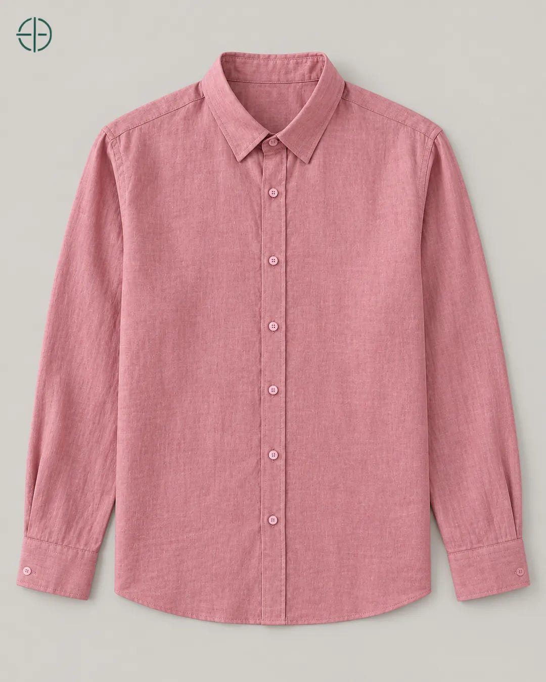 Camisa 100% Linho Belga Masculina Sem Bolso, cor Rosa, produto estendido no chão, câmera vertical, vista frontal. Fotografia de produto Rest Money.