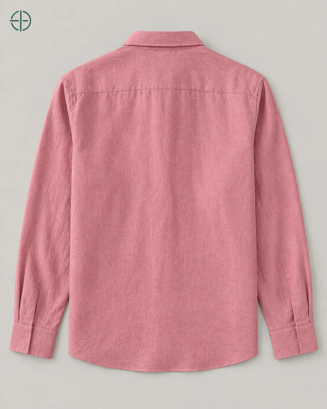 Camisa 100% Linho Belga Masculina Sem Bolso, cor Rosa, produto estendido no chão, câmera vertical, vista traseira. Fotografia de produto Rest Money.