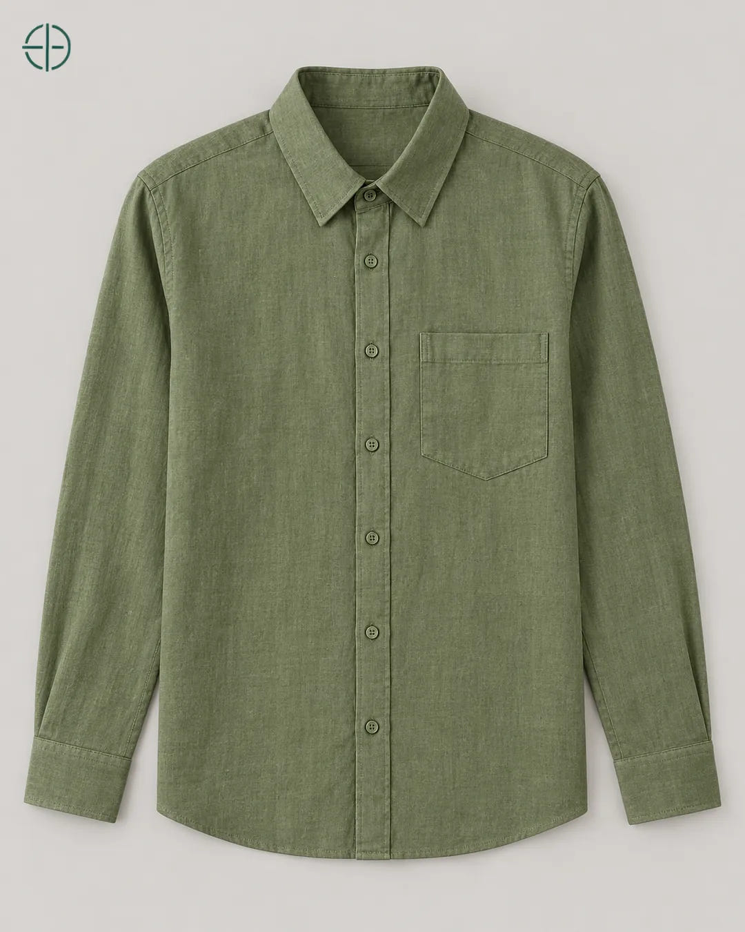 Camisa 100% Linho Belga Masculina, cor Verde, produto estendido no chão, câmera vertical, vista frontal. Fotografia de produto Rest Money.