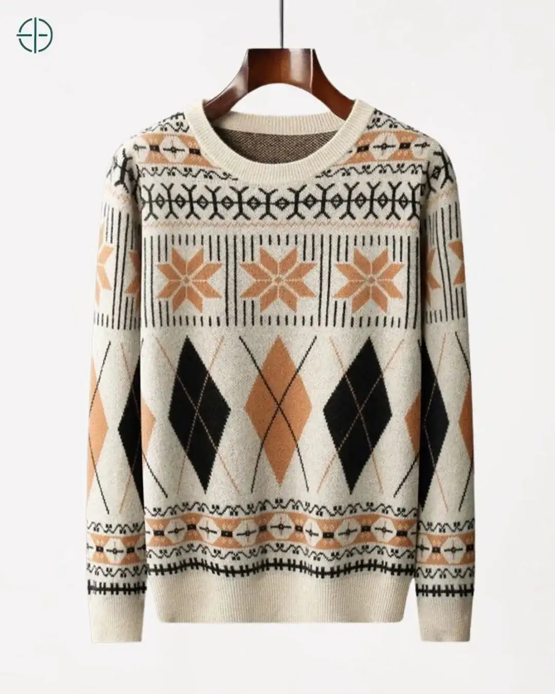 Vista frontal do pulôver retrô em caxemira, exibindo seu corte Old Money.

