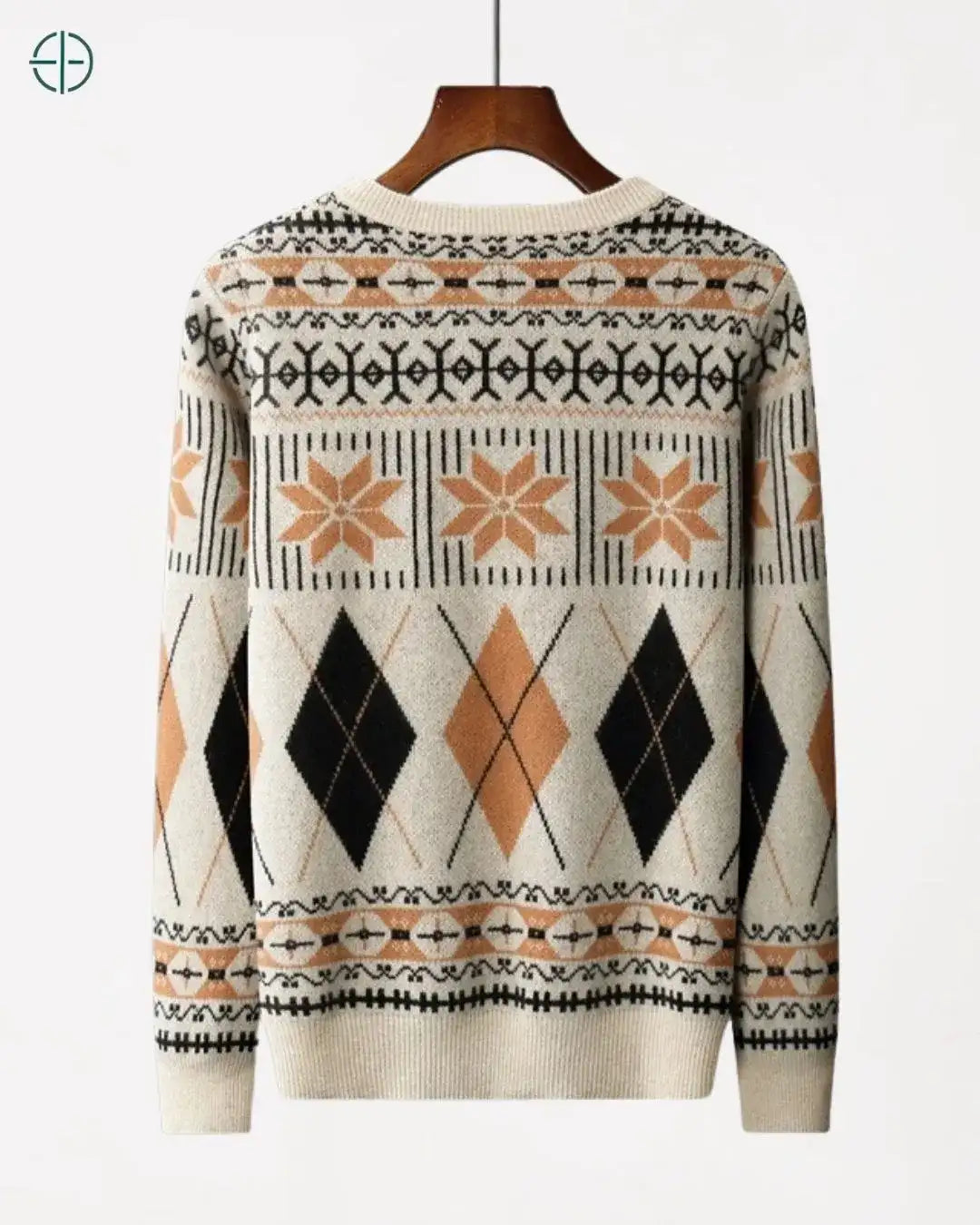 Caimento impecável da caxemira pura na vista traseira do pulôver retrô.

