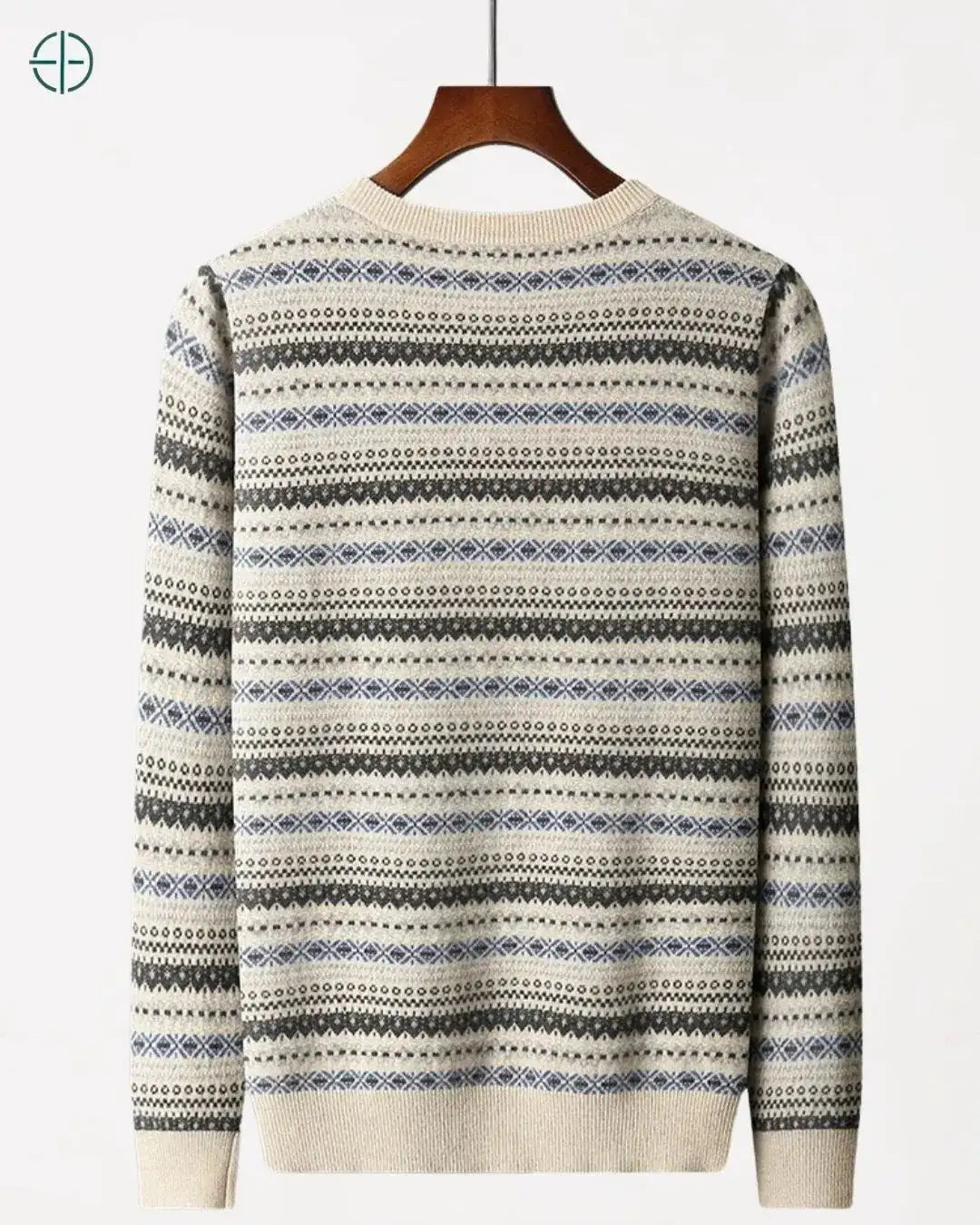 Vista das costas do pulôver vintage, focando no caimento da caxemira pura.

