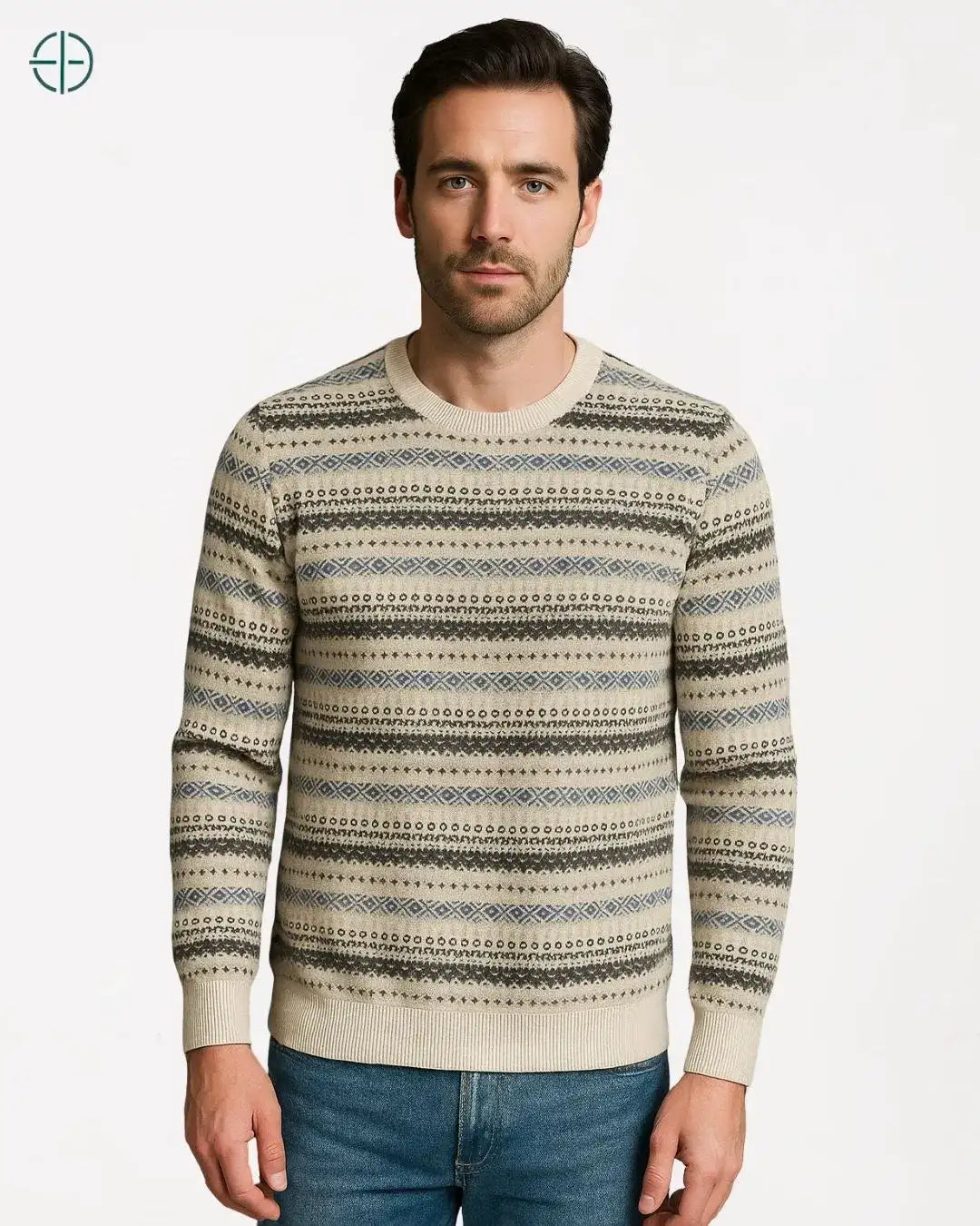 Textura da trama fechada da caxemira, característica de malhas vintage de luxo.

