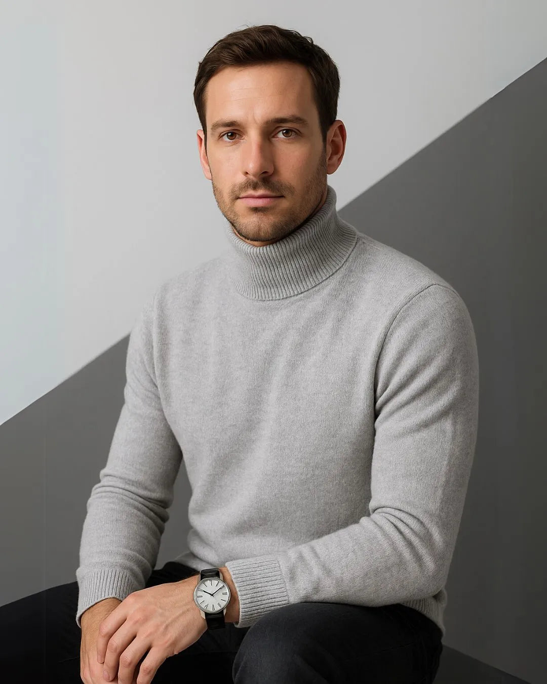 Look de inverno com suéter de gola alta e calça de alfaiataria, visual clean e nobre

